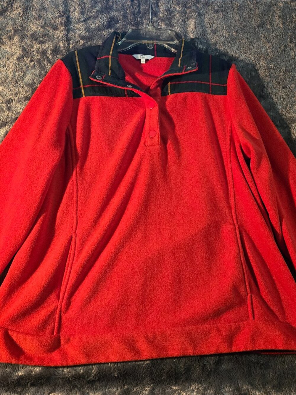 Red Crown & Ivy fleece sweatshirt with black plaid collar